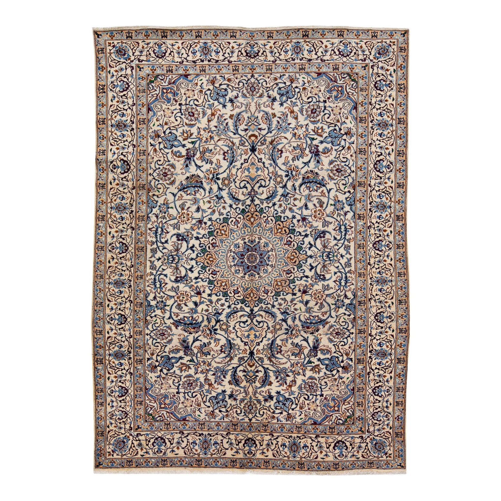 1960s Handmade Persian Kashan Wool Rug Beige Medallion 6'6 x 9'4: 1960s Handmade Persian Kashan Wool Rug Beige Medallion 6'6 x 9'4 Experience the elegance of this 1960s Vintage Persian Kashan Handmade Medallion Rug, meticulously crafted with a hand-knotted wool cons