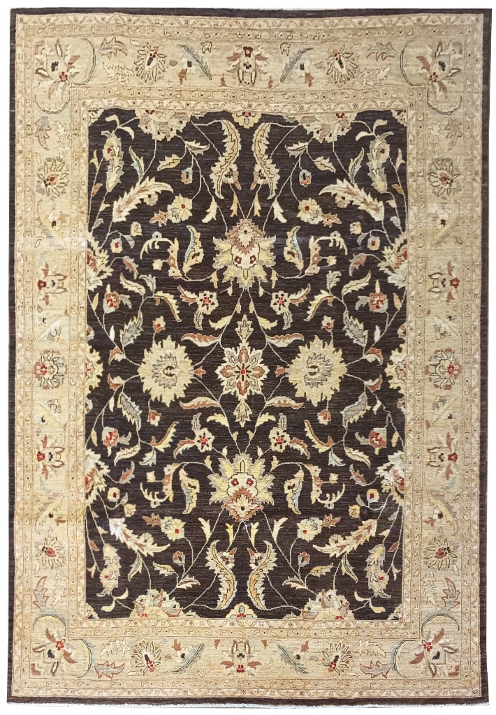8 x 11 Dark Brown Hand-Knotted Chobi Peshawar Rug from Pakistan: 8 x 11 Dark Brown Hand-Knotted Chobi Peshawar Rug from Pakistan Free continental US Shipping Transform your space with the exquisite 8 x 11 Dark Brown Chobi Peshawar Rug, a perfect blend of traditiona