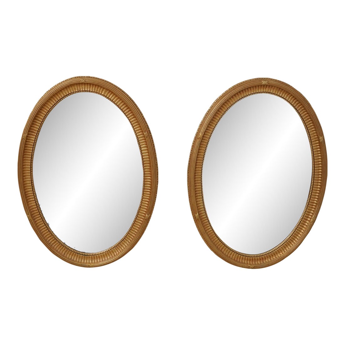 Elegant Pair of Ethan Allen Gold Beveled Glass Mirrors 30x42: Elegant Pair of Ethan Allen Gold Beveled Glass Mirrors 30x42 Enhance your decor with this elegant pair of oval beveled glass mirrors. Featuring a stunning gold finish, these mirrors are a perfect exam