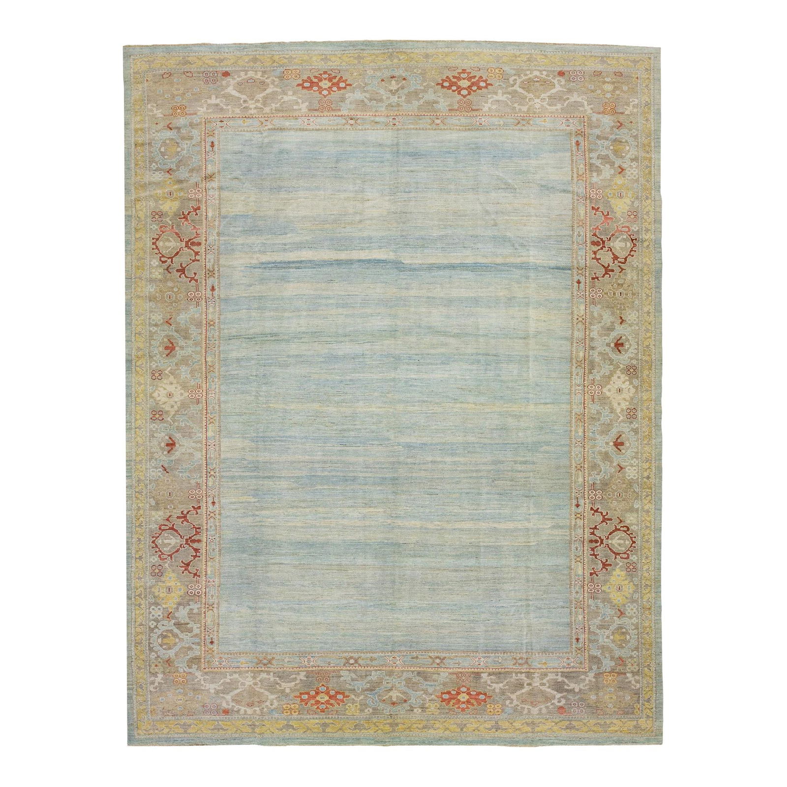 Modern Blue Hand-Knotted Wool Sultanabad Floral Rug 12' x 15'8: Modern Blue Hand-Knotted Wool Sultanabad Floral Rug 12' x 15'8 Experience elegance with this modern wool rug that reimagines the classic Sultanabad design. Hand-knotted with care, this exquisite piece