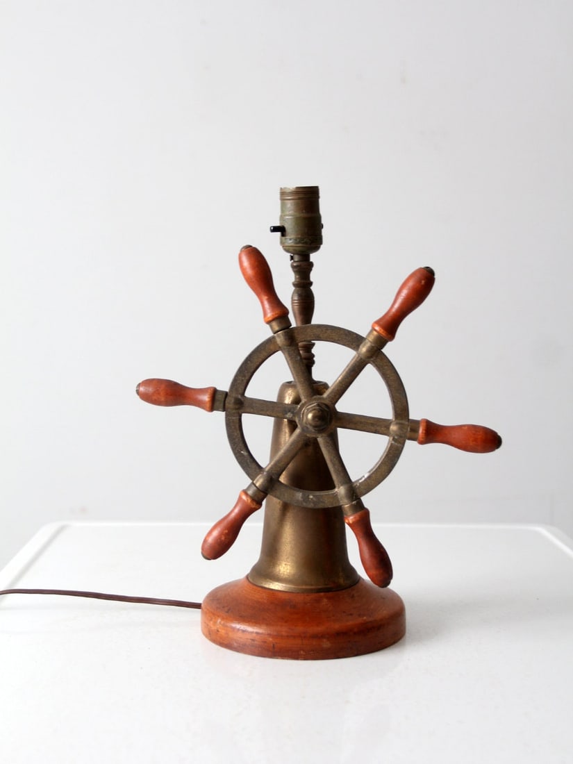 Charming Vintage Nautical Lamp Ship Wheel Design Wood Brass (1 of 10)