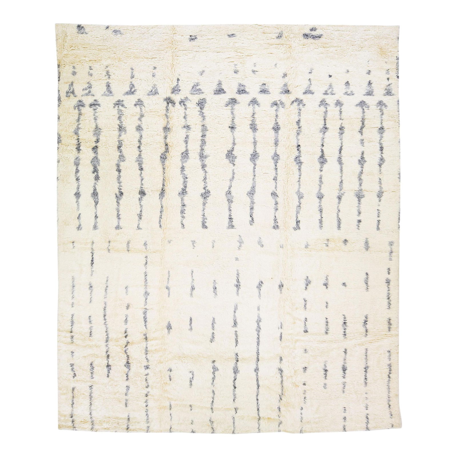 Ivory Handmade Geometric Wool Rug 12' x 15' Moroccan Style: Ivory Handmade Geometric Wool Rug 12' x 15' Moroccan Style This exquisite Moroccan-style handmade wool rug features a stunning ivory field adorned with gray accents, showcasing a captivating all-over