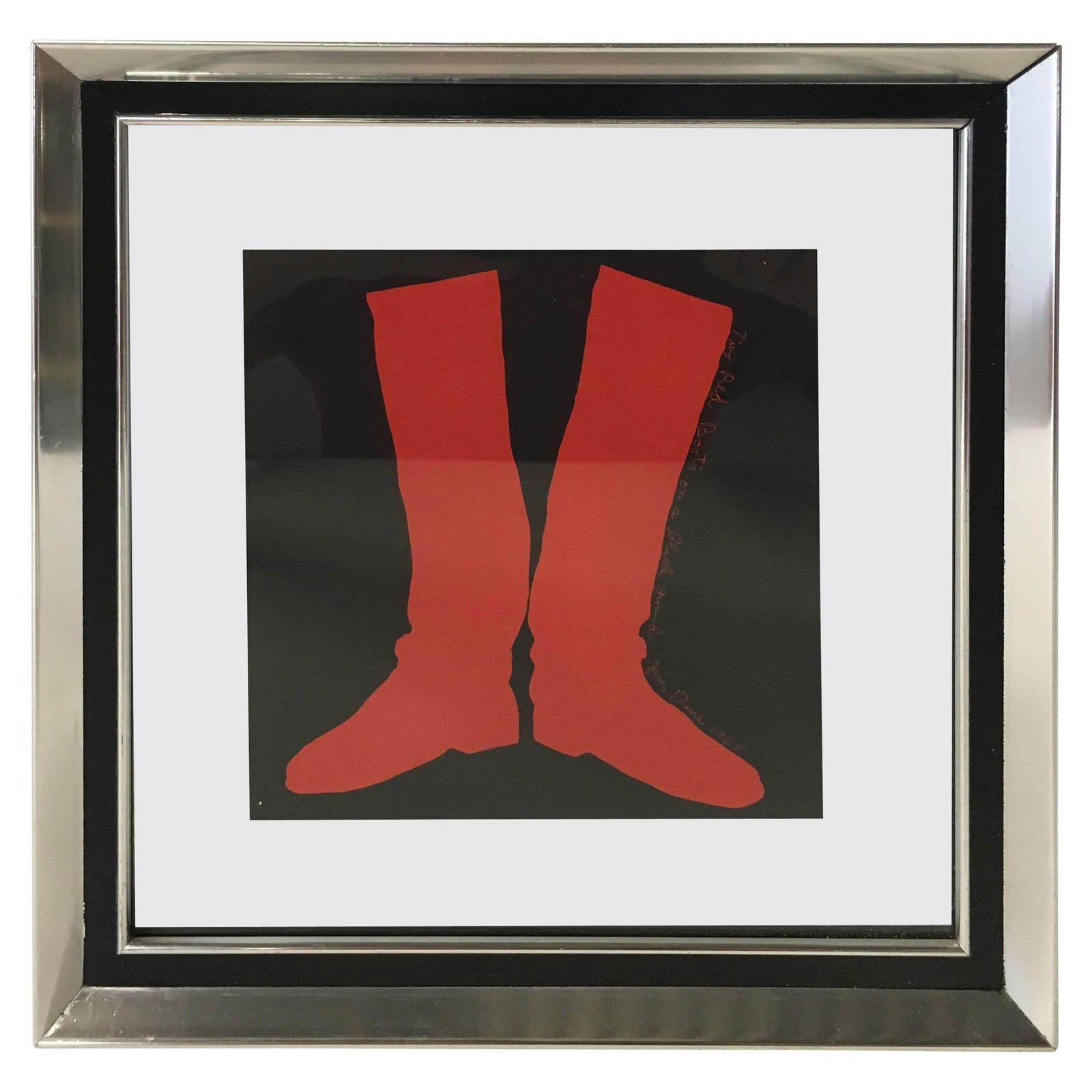 Jim Dine Two Boots Silkscreen 1968 Framed Artwork: Jim Dine Two Boots Silkscreen 1968 Framed Artwork Discover the striking "Two Boots" silkscreen by renowned artist Jim Dine, created in 1968. This captivating artwork features two vibrant red boots set