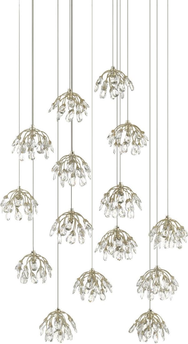 Currey Crystal Bud 15-Light Multi-Drop Pendant Fixture Silver Leaf: Currey Crystal Bud 15-Light Multi-Drop Pendant Fixture Silver Leaf Illuminate your space with the stunning Crystal Bud Multi-Drop Pendant Light Fixture. This exquisite lighting piece features a contem