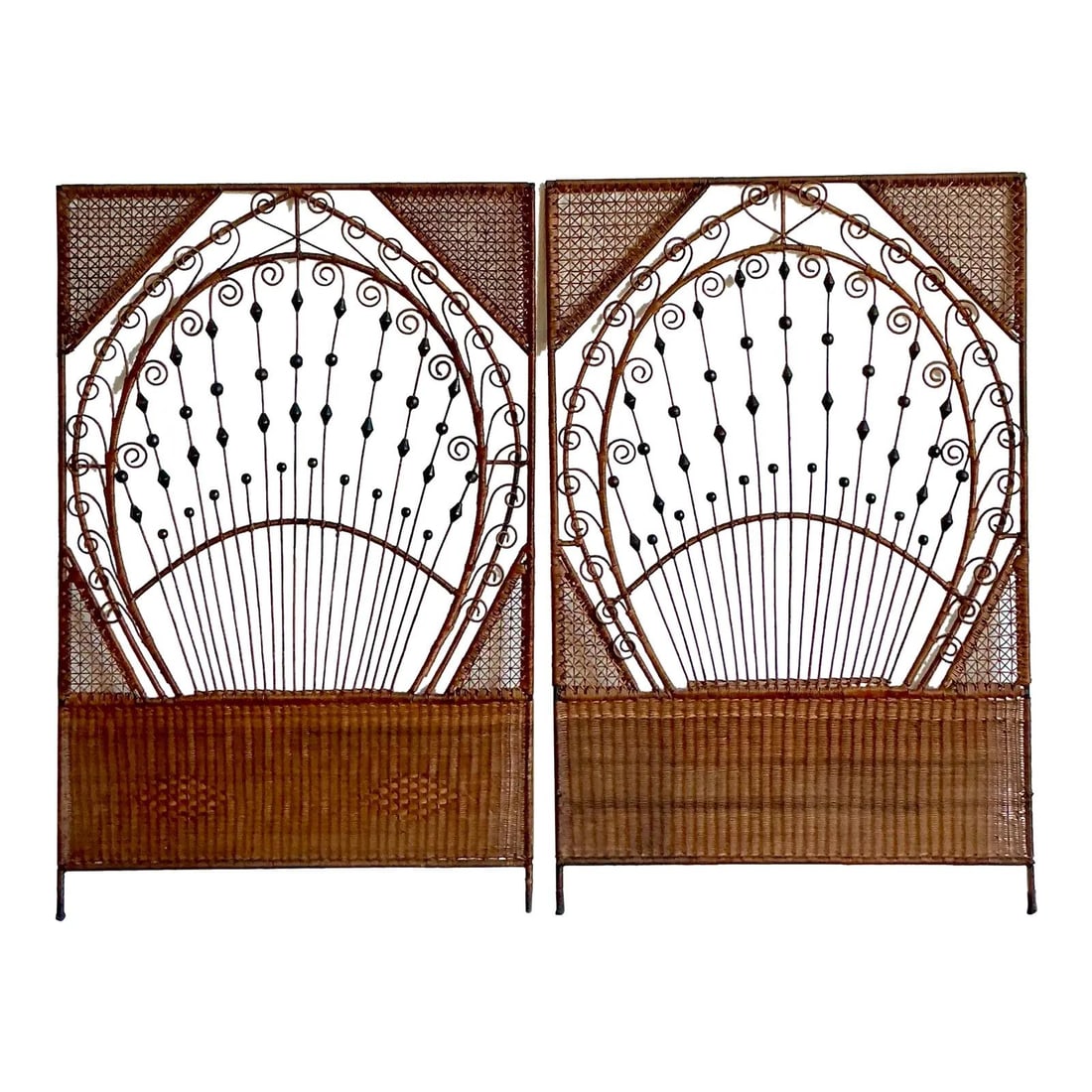 Pair of 1970s Bohemian Rattan Twin Size Fan Peacock Headboards: Pair of 1970s Bohemian Rattan Twin Size Fan Peacock Headboards This pair of vintage twin headboards showcases 1970s Bohemian and Coastal style, expertly handcrafted from natural rattan. Each headboard