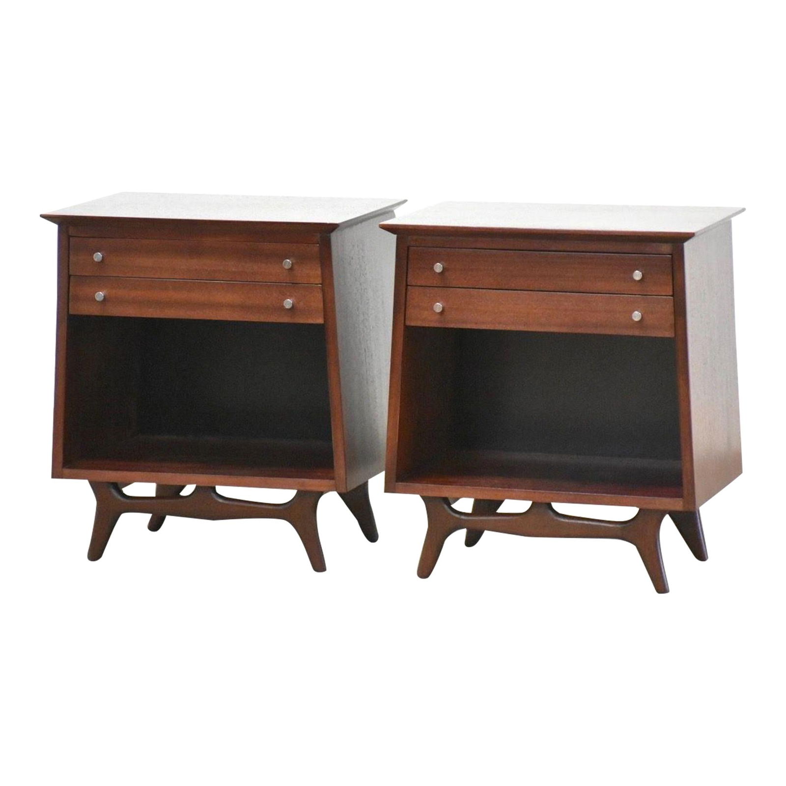 Mid-Century Modern Rway Mahogany Nightstands - Pair of 2 Drawers: Mid-Century Modern Rway Mahogany Nightstands - Pair of 2 Drawers This exquisite pair of mid-century modern nightstands showcases a refined mahogany finish, expertly restored to highlight their timeles