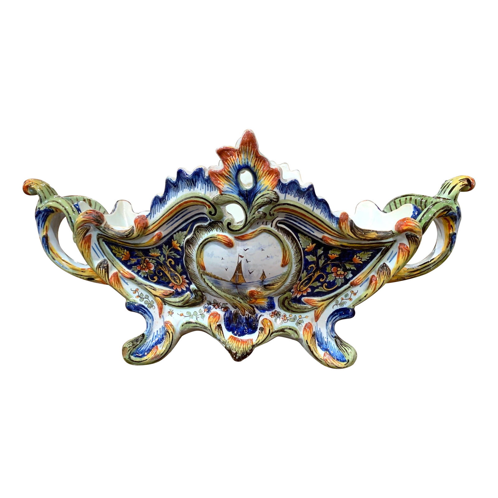 19th Century Rouen Hand Painted Faience Jardiniere with Shell Motifs: 19th Century Rouen Hand Painted Faience Jardiniere with Shell Motifs This stunning 19th Century French hand-painted faience jardiniere showcases exquisite craftsmanship from Rouen, France, circa 1890.