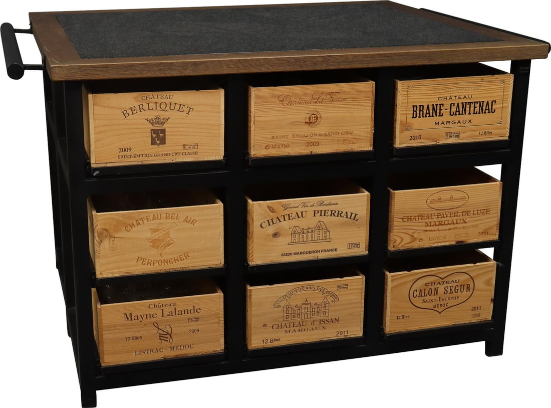 Hobbs Bordeaux Kitchen Island with Granite Top and Wine Storage: Hobbs Bordeaux Kitchen Island with Granite Top and Wine Storage Introducing the Hobbs Germany Wine Inspired Kitchen Island, a stunning blend of antique charm and modern functionality. This kitchen isl