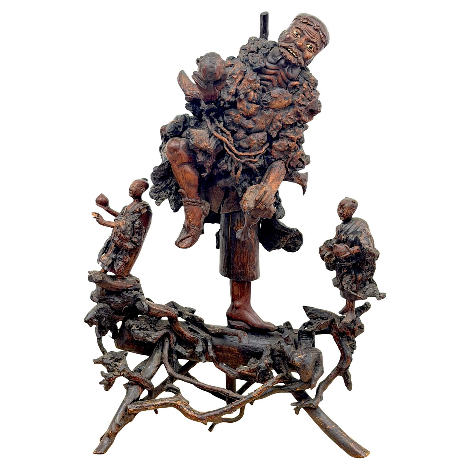 Four-Piece Chinese Burl Rootwood Daoist Sage and Attendants Group Sculpture: Four-Piece Chinese Burl Rootwood Daoist Sage and Attendants Group Sculpture This monumental late Qing Dynasty Chinese rootwood (burl) sculpture is a masterfully hand-carved figural group depicting a D
