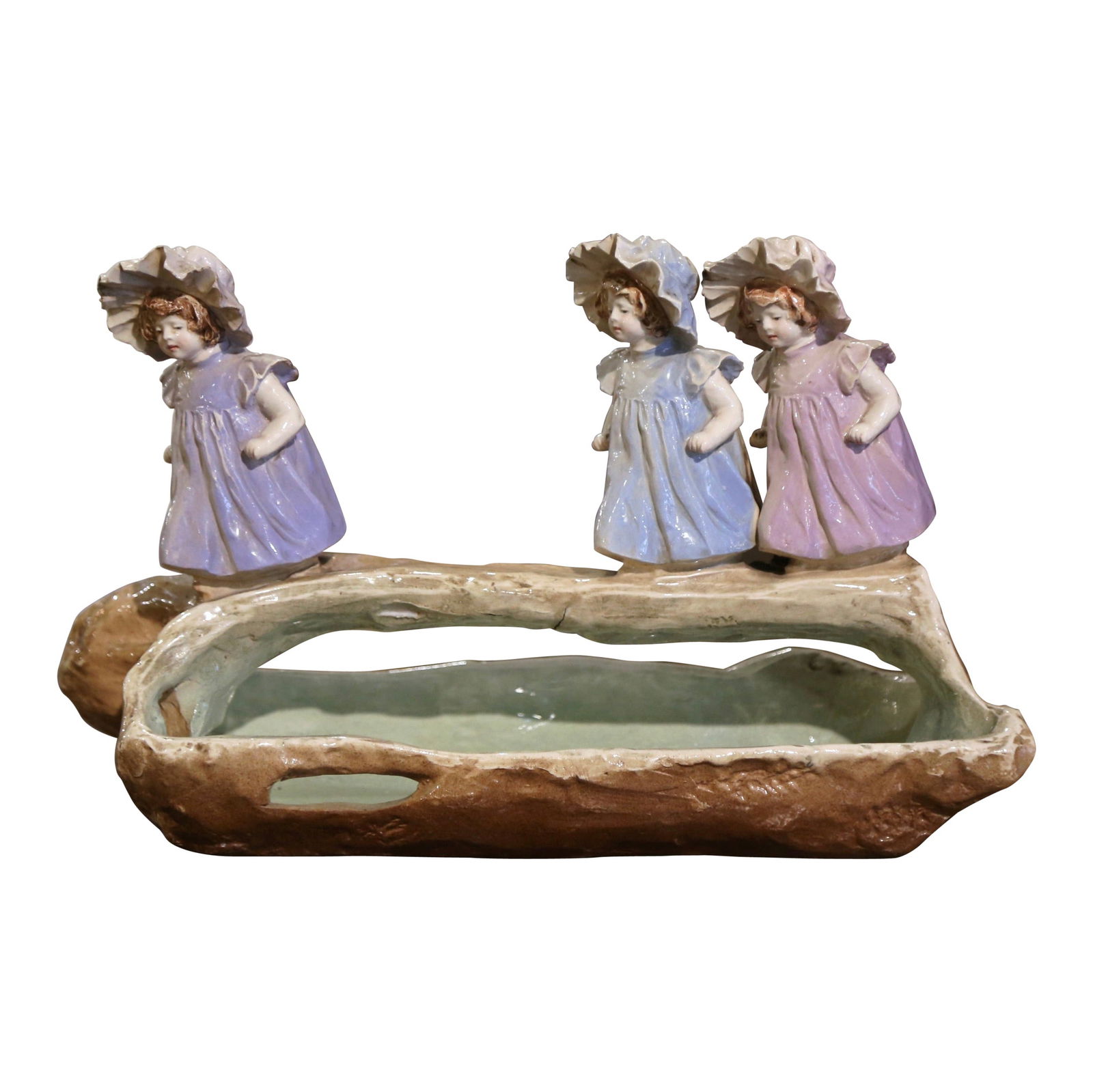 19th Century French Hand-Painted Barbotine Vase with Young Girls: 19th Century French Hand-Painted Barbotine Vase with Young Girls This exquisite 19th Century French Barbotine Vase features a stunning hand-painted design showcasing three young girls adorned in vibra