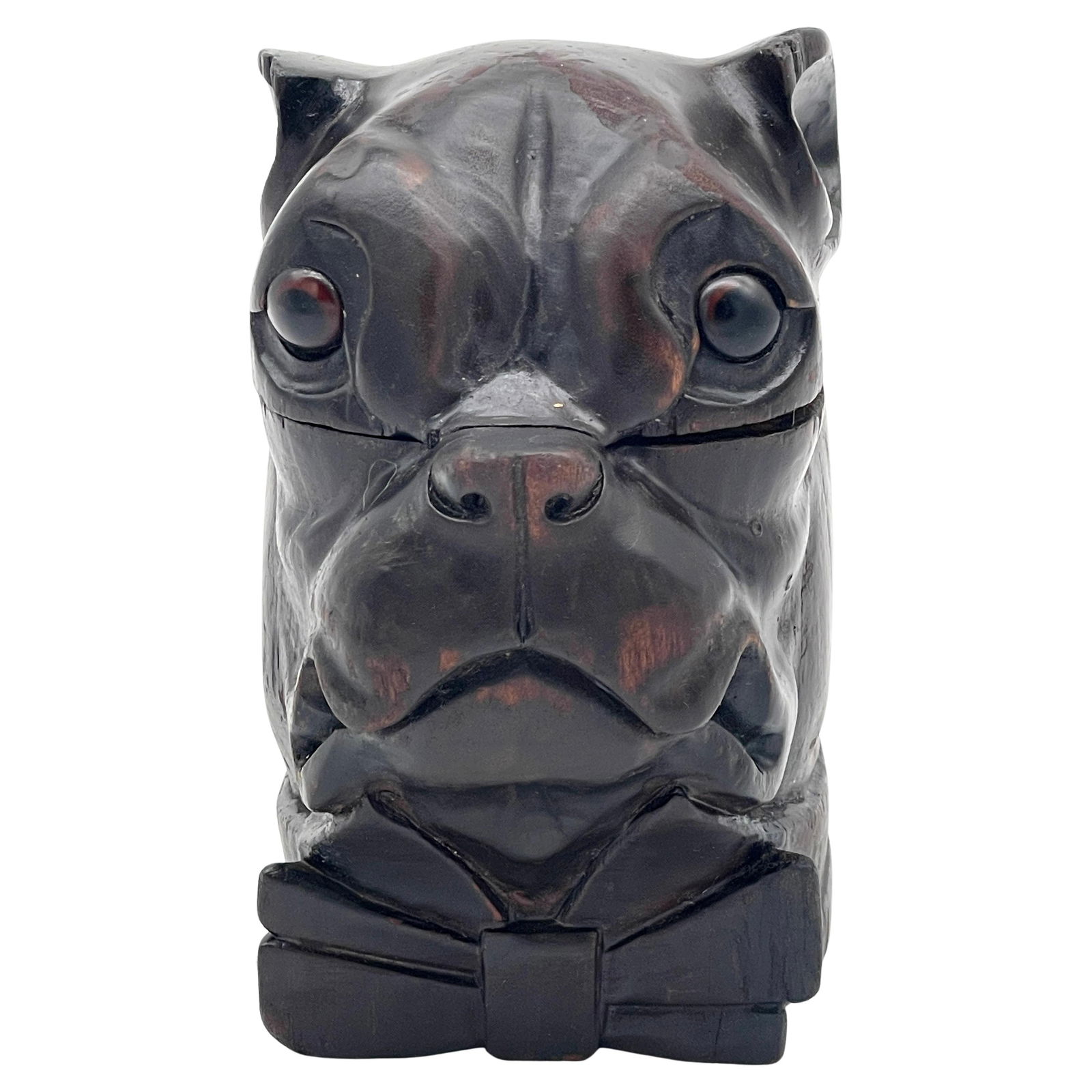 Victorian 19th Century Blackened Lignum Vitae Dog Inkwell with Bow Tie: Victorian 19th Century Blackened Lignum Vitae Dog Inkwell with Bow Tie Discover a stunning 19th-century Victorian Blackened Lignum Vitae Bull/Pug Dog Inkwell, a unique piece from England dating back