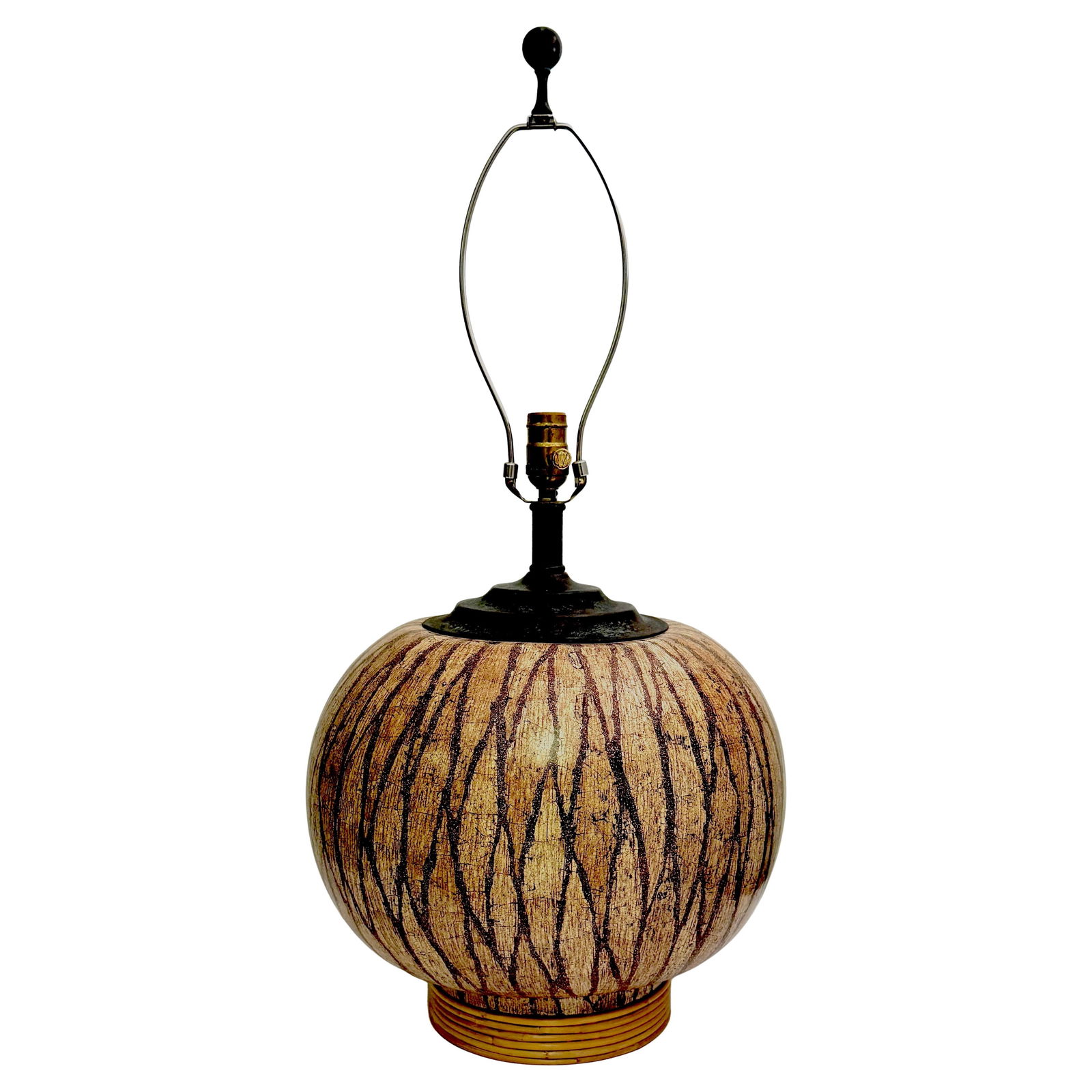 Gourd Shape Table Lamp With Lacquered Coconut Shell Inlay and Rattan Base (1 of 11)