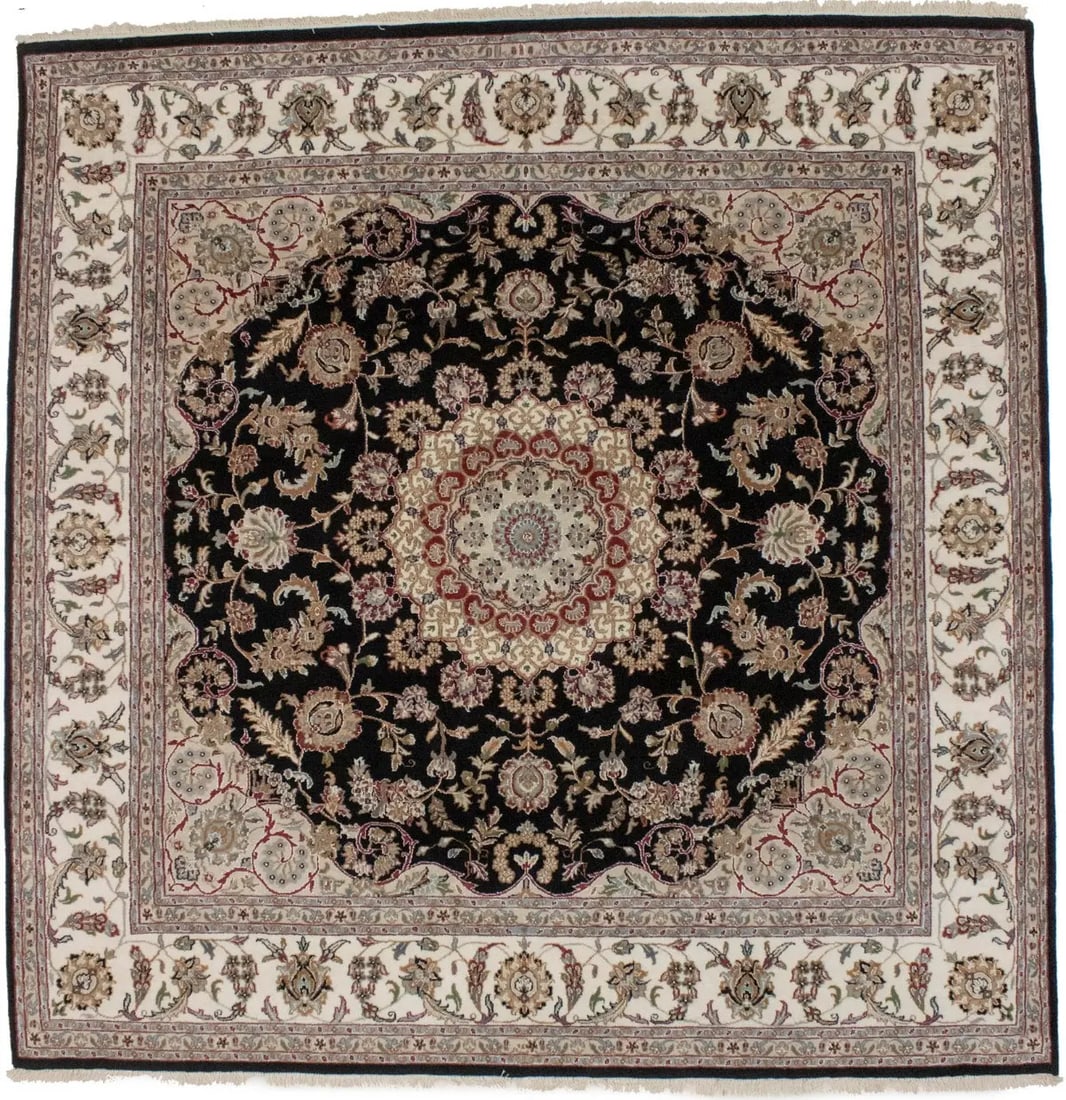 Hand-Knotted Indo-Nain Floral Square Rug Wool Silk 8'3 x 8'1 (1 of 16)