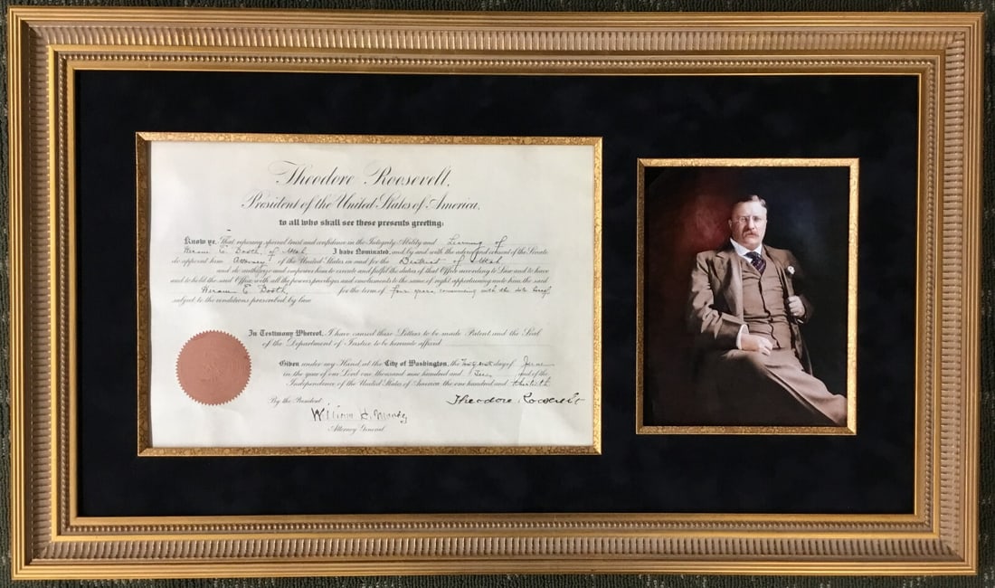 Theodore Roosevelt Signed Appointment Document Custom Frame JSA Authenticated: Theodore Roosevelt Signed Appointment Document Custom Frame JSA Authenticated This is an original signed appointment document from President Theodore Roosevelt dated 1906. The document features the si