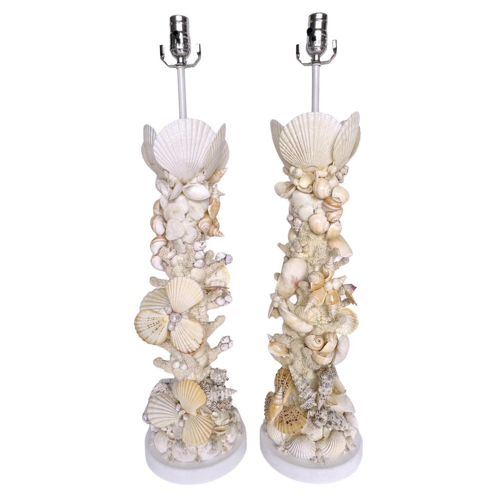 Coastal Seashell Encrusted Column Lamps Set of 2 31in Tall USA (1 of 14)