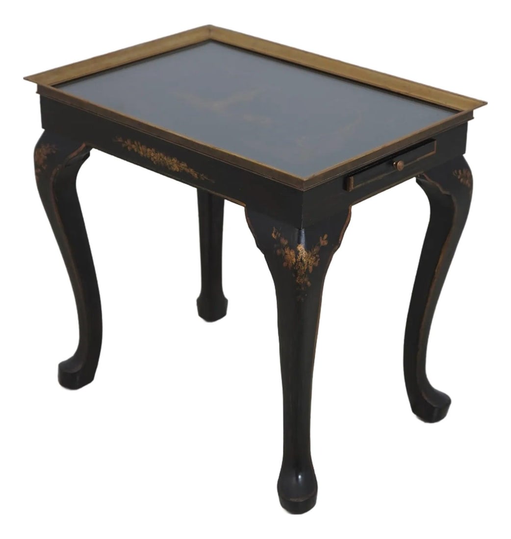 1920s Vintage Chinoiserie Brass Tray Glass Top Occasional Table (1 of 10)