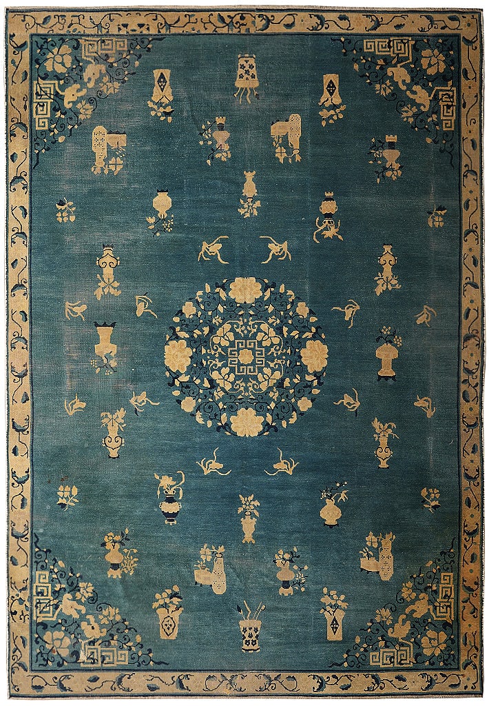 7 x 9.7 Antique Art Deco Chinese Beijing Blue Wool Rug Hand Knotted: 7 x 9.7 Antique Art Deco Chinese Beijing Blue Wool Rug Hand Knotted Free continental US Shipping This antique Art Deco Chinese Beijing area rug dates to the early 1900s and features a hand-knotted con