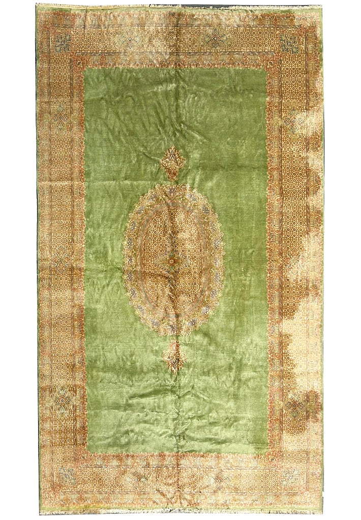 Signed Persian Kerman Rug 9'8 x 17'3 Sage Green Antique: Signed Persian Kerman Rug 9'8 x 17'3 Sage Green Antique Free continental US Shipping Enhance your living space with this exquisite signed Persian Kerman rug, featuring a stunning traditional design th