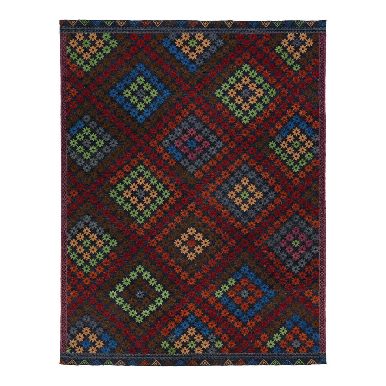 Dark Gray Geometric Modern Soumak Wool Rug 9' x 12': Dark Gray Geometric Modern Soumak Wool Rug 9' x 12' Enhance your living space with this stunning hand-knotted modern Soumak wool rug. The rich dark gray field is beautifully adorned with vibrant green