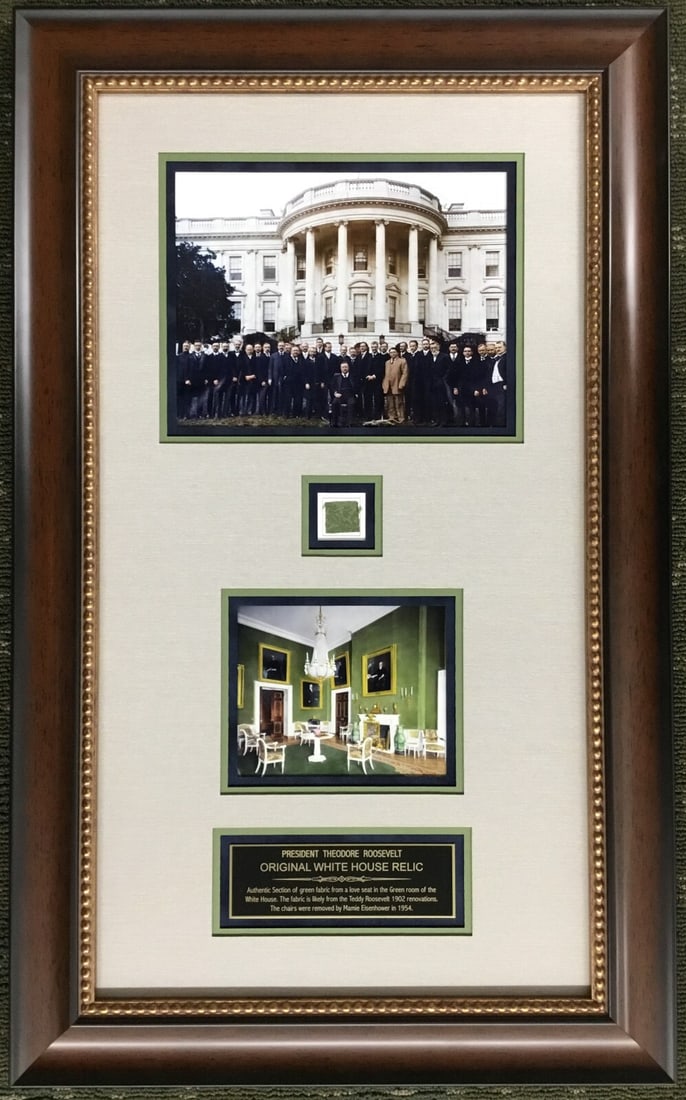 Theodore Roosevelt White House Fabric Swatch Custom Framed Display: Theodore Roosevelt White House Fabric Swatch Custom Framed Display This unique display features an authentic green fabric swatch from the love seat in the Green Room of the White House, a piece of his