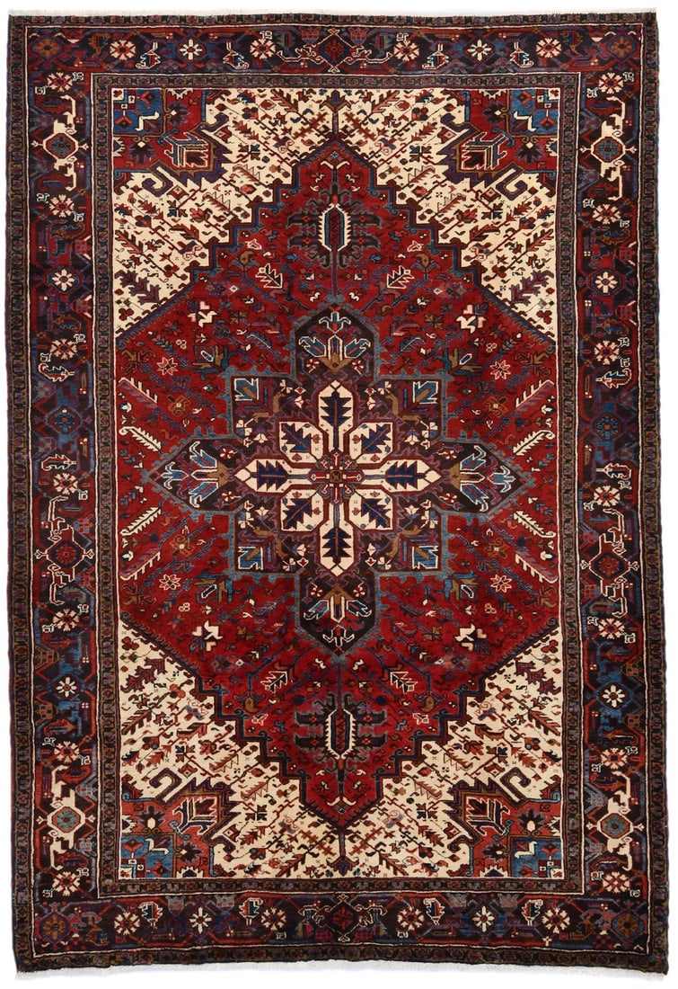 Hand-Knotted Wool Serapi Area Rug Vintage 6'9 x 9'10 Geometric Design: Hand-Knotted Wool Serapi Area Rug Vintage 6'9 x 9'10 Geometric Design This large vintage Serapi area rug features a striking geometric and floral pattern in shades of red, purple-navy, khaki, cream, b