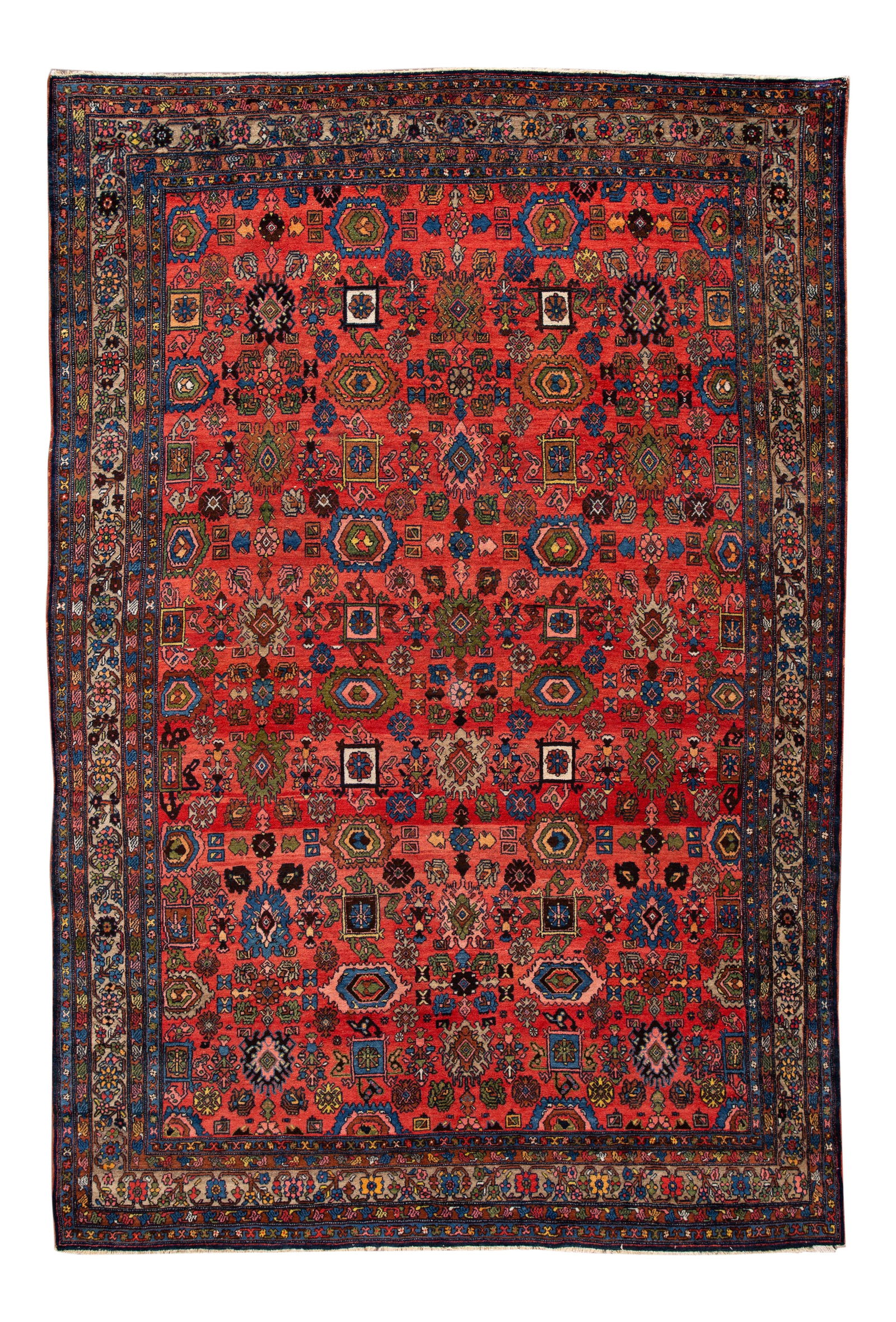 Antique Bidjar Wool Rug Red Floral Design 8'8 x 12'6: Antique Bidjar Wool Rug Red Floral Design 8'8 x 12'6 This exquisite antique Bidjar rug features a stunning red field adorned with a vibrant all-over floral motif, showcasing multi-color accents that e