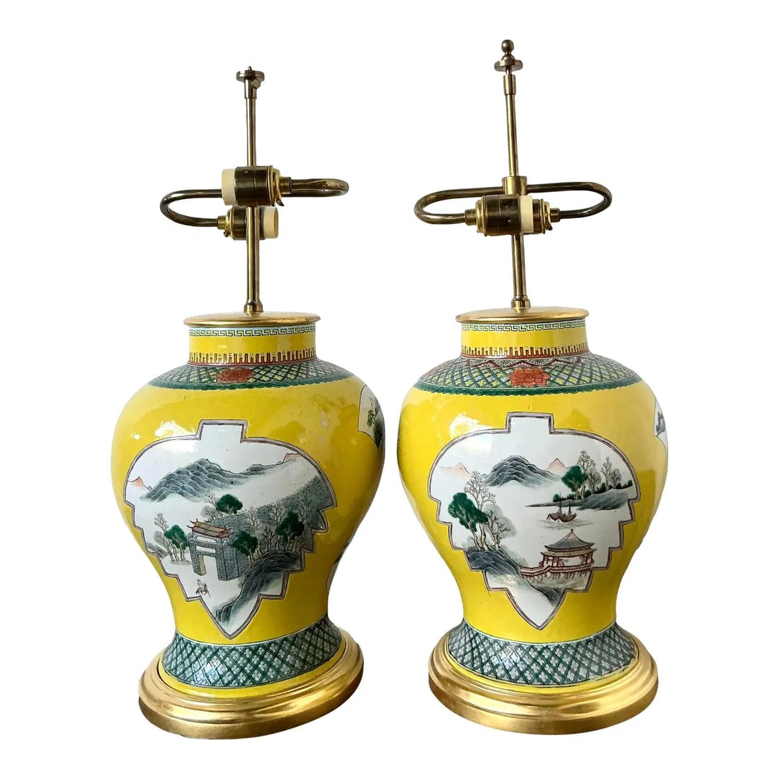 Pair of Yellow Famille Jaune Chinoiserie Ceramic Table Lamps with Pastoral Scenes (1 of 9)