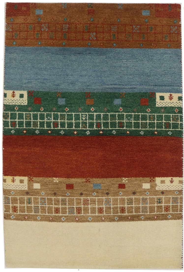 Handmade Multicolored Striped Wool Indo-Gabbeh Area Rug 4x6 ft: Handmade Multicolored Striped Wool Indo-Gabbeh Area Rug 4x6 ft Enhance your home decor with this exquisite Handmade Striped Modern Indo-Gabbeh Wool Oriental Rug. Measuring 4'0" x 6'0", this stunning