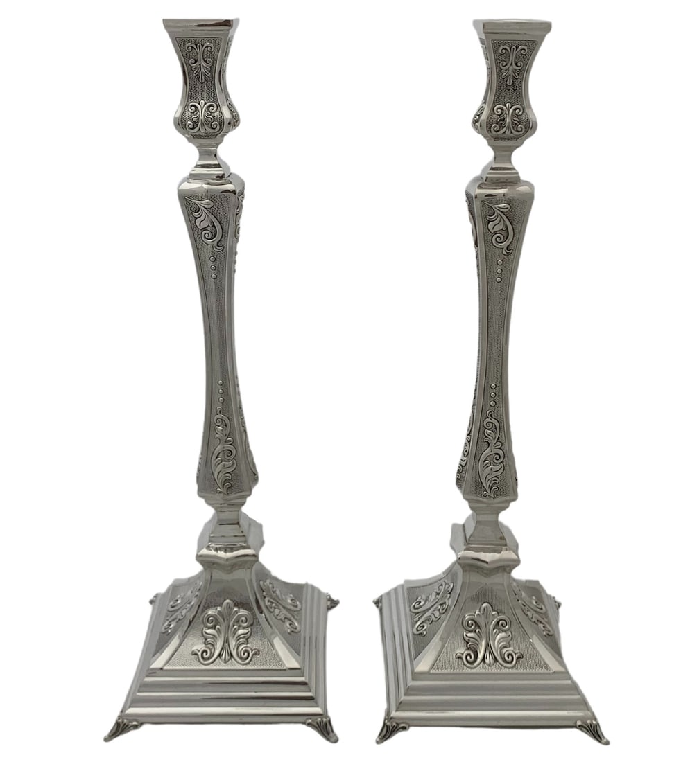 Handmade 925 Sterling Silver Chased Leaf Candlesticks 16 Inches (1 of 3)