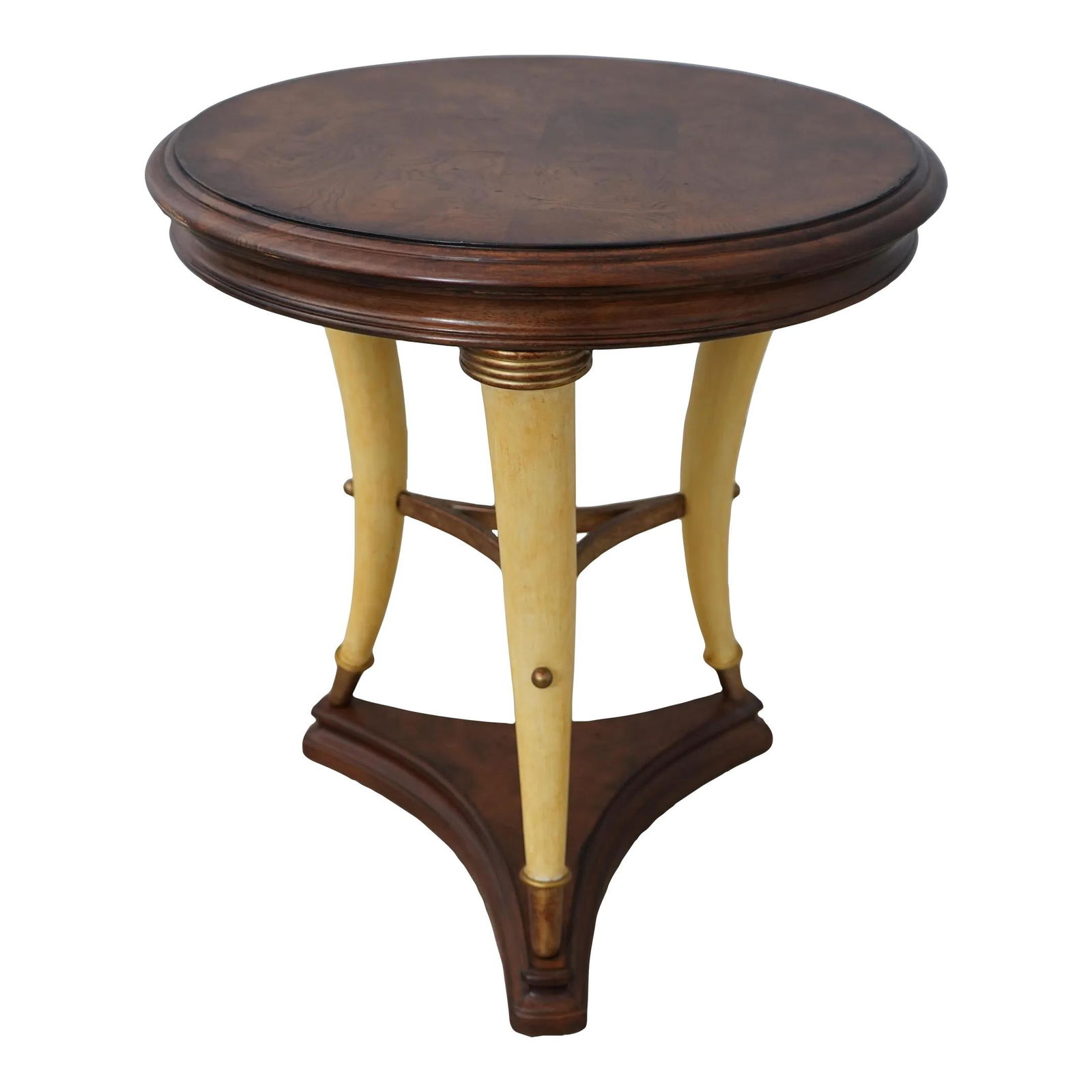 Vintage Round Tusk Leg Lamp Table Distressed Elm Maitland Smith Style: Vintage Round Tusk Leg Lamp Table Distressed Elm Maitland Smith Style This charming round lamp or occasional table features a factory-distressed elm top supported by a sturdy metal stretcher base. The