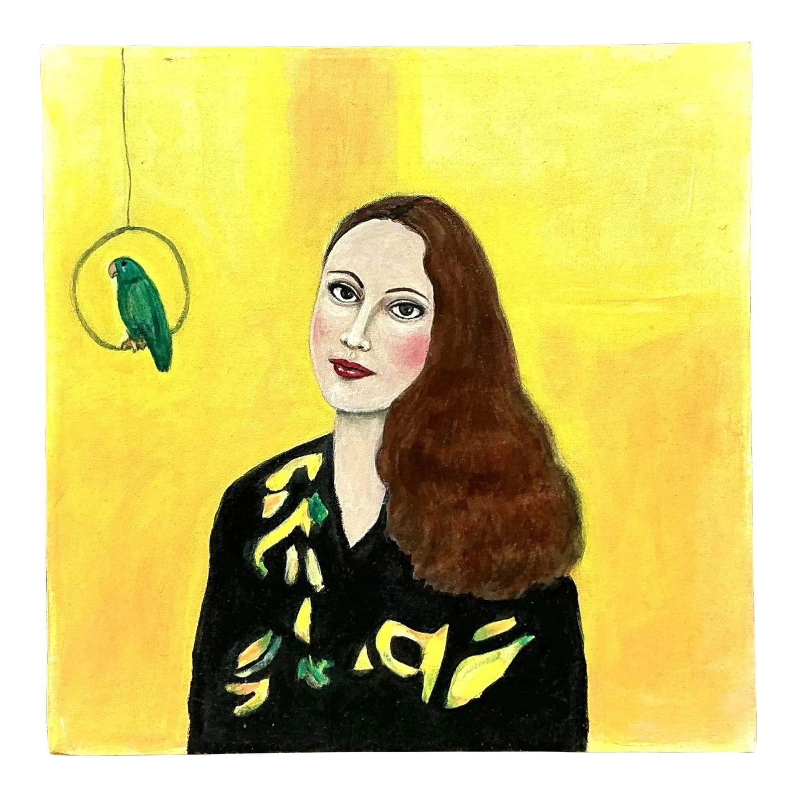 Vintage Boho Oil Portrait on Canvas with Parrot 20x20: Vintage Boho Oil Portrait on Canvas with Parrot 20x20 This vibrant vintage oil portrait on canvas features a striking depiction of a woman against a bold yellow backdrop, accompanied by a green parrot