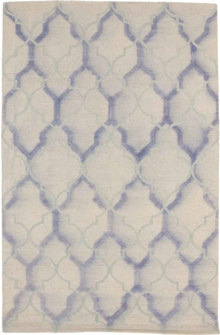 5x8 ft Cream Wool Modern Hand-Tufted Area Rug: 5x8 ft Cream Wool Modern Hand-Tufted Area Rug This modern hand-tufted area rug features a unique trellis pattern in cream, purple, and mint tones, making it a striking addition to contemporary interio