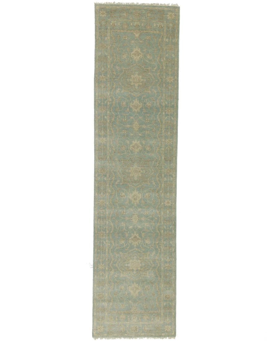 Handmade Floral Oriental Runner Rug 2'6 x 10'0 Aqua Blue Wool: Handmade Floral Oriental Runner Rug 2'6 x 10'0 Aqua Blue Wool Enhance your space with this beautiful Muted Aqua Blue Floral Handmade Oriental Runner Rug. Measuring 2'6" x 10'0", this hand-knotted wool