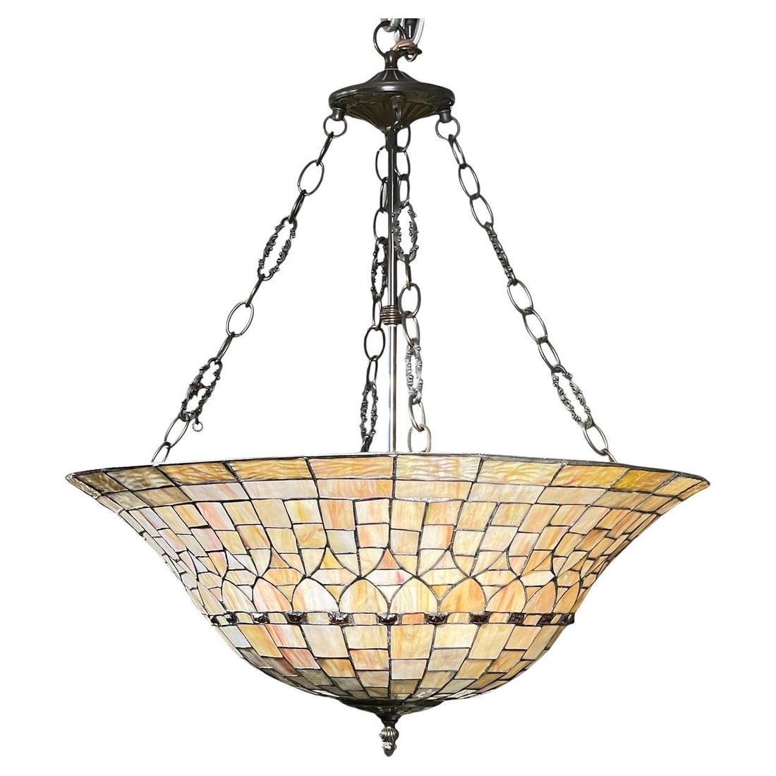 Slag Glass Chandelier With Arts and Crafts Design 1970s Leaded Shade (1 of 12)