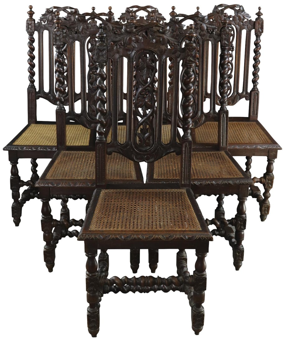 Antique Oak Dining Chairs Set with Rattan Seats 1880 Hunting Style (1 of 8)