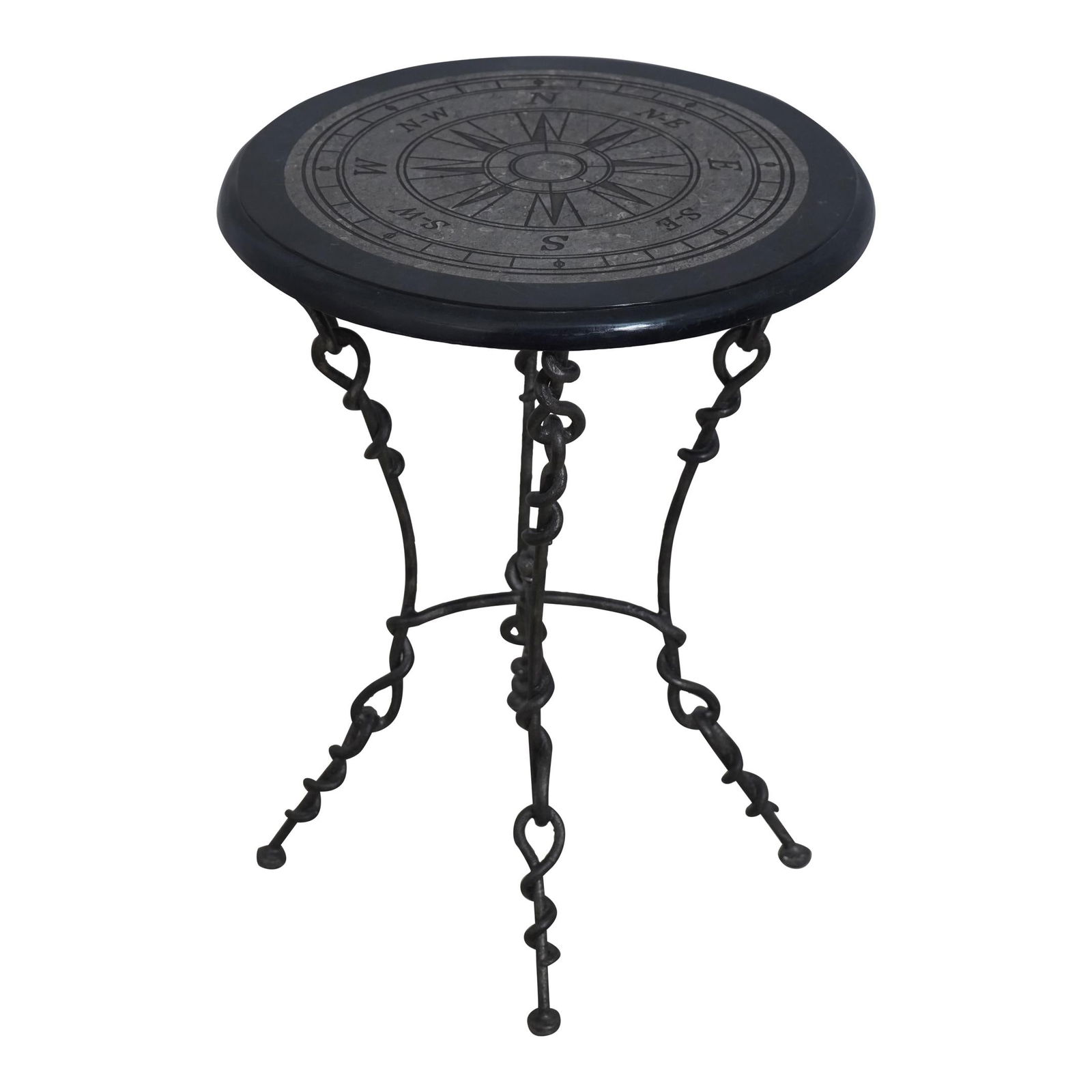 Elegant Round Black Marble Overlay Iron Base Lamp Table: Elegant Round Black Marble Overlay Iron Base Lamp Table This elegant Round Marble Overlay Top Iron Base Lamp Table showcases a stunning design with twist iron base legs and a beautiful marble overlay
