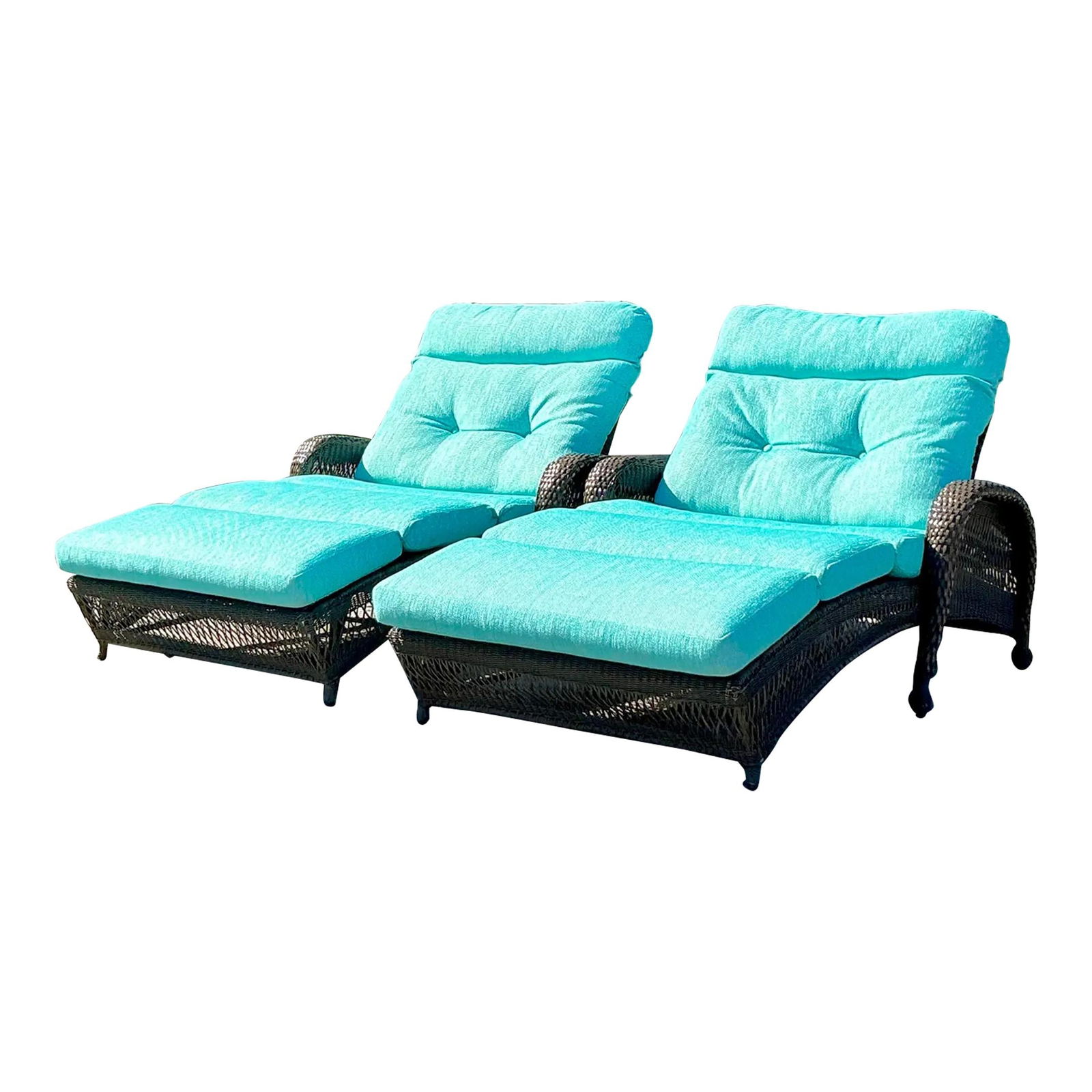 Vintage Boho Set of 2 Woven Rattan Lounge Chairs with Turquoise Cushions: Vintage Boho Set of 2 Woven Rattan Lounge Chairs with Turquoise Cushions Enhance your outdoor space with this stunning set of two vintage boho woven resin rattan lounge chairs. These chairs feature a