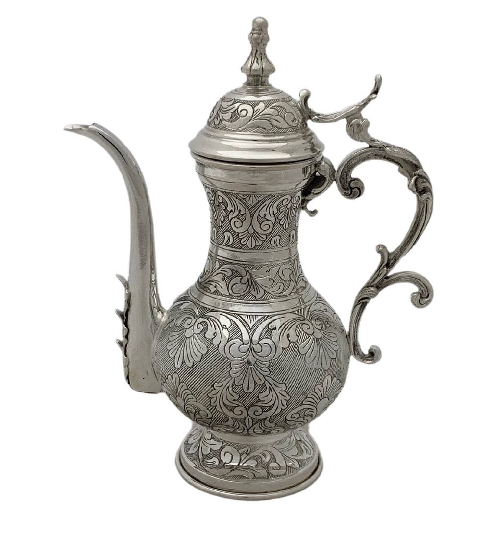 Handmade Sterling Silver Oil Pitcher with Chased Leaf Applique Matte Shiny Finish: Handmade Sterling Silver Oil Pitcher with Chased Leaf Applique Matte Shiny Finish This fine oil pitcher is crafted from 925 sterling silver and features handmade chased leaf applique designs with both