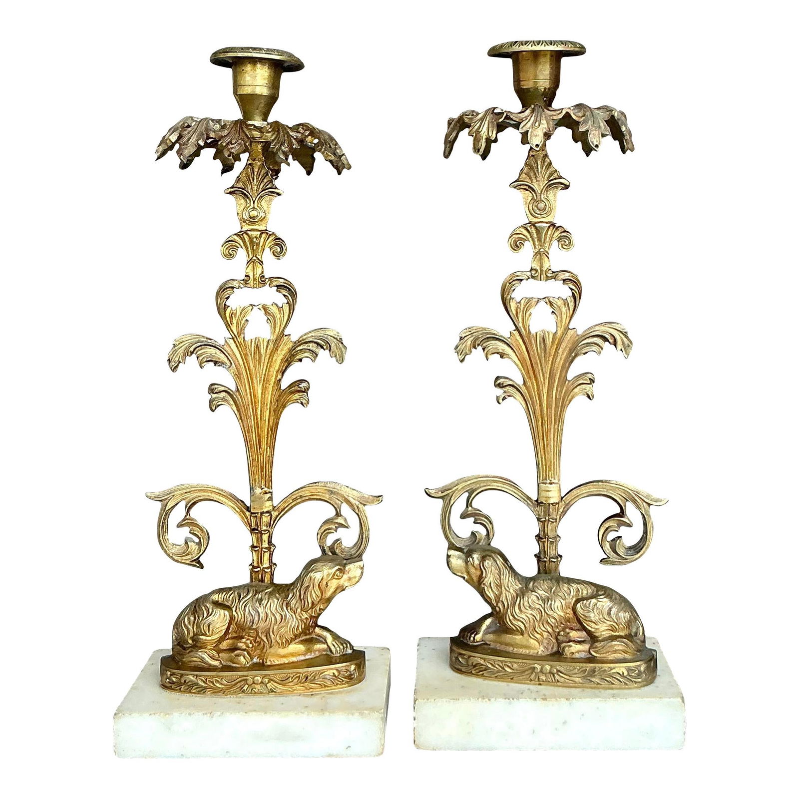 Elegant Vintage Regency Brass Dog Candlesticks Pair on Marble Base: Elegant Vintage Regency Brass Dog Candlesticks Pair on Marble Base Elevate your home decor with this exquisite pair of vintage brass candlesticks, showcasing elegant regency-style craftsmanship. Each