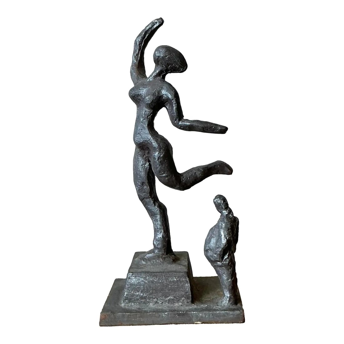 Abstract Cast Metal Female Figure Sculpture on Stepped Base: Abstract Cast Metal Female Figure Sculpture on Stepped Base This vintage Boho abstract figurative sculpture features a dynamic female form rendered in heavy cast iron with a dark, oxidized, and textur