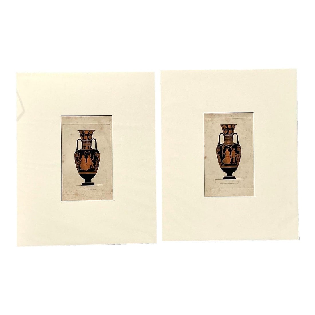 Pair of Vintage Greek Pottery Study Art Prints with White Mats Set of 2: Pair of Vintage Greek Pottery Study Art Prints with White Mats Set of 2 This set of two vintage prints features detailed illustrations of iconic ancient Greek pottery, including amphora and crater for