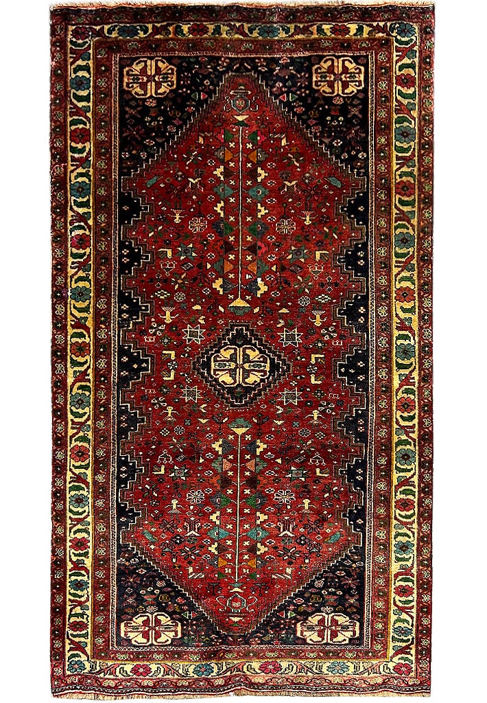 Persian Shiraz Tribal Rug 4.7 x 7.9 Hand-Knotted Wool 1980s Iran: Persian Shiraz Tribal Rug 4.7 x 7.9 Hand-Knotted Wool 1980s Iran Free continental US Shipping Discover the elegance of this 4.7 x 7.9 Persian Shiraz Tribal Rug, a stunning addition to any decor. This