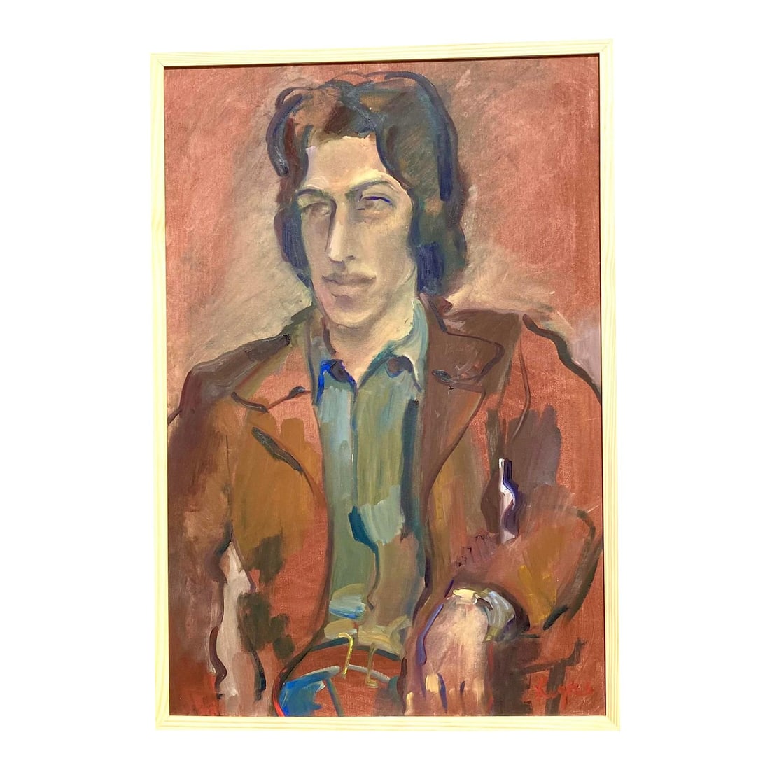 Vintage Boho Oil Painting Signed Regone Pierokkis 25 x 37: Vintage Boho Oil Painting Signed Regone Pierokkis 25 x 37 Experience the allure of vintage art with this Bohemian-style original oil portrait. This captivating painting features a stylish young man, h