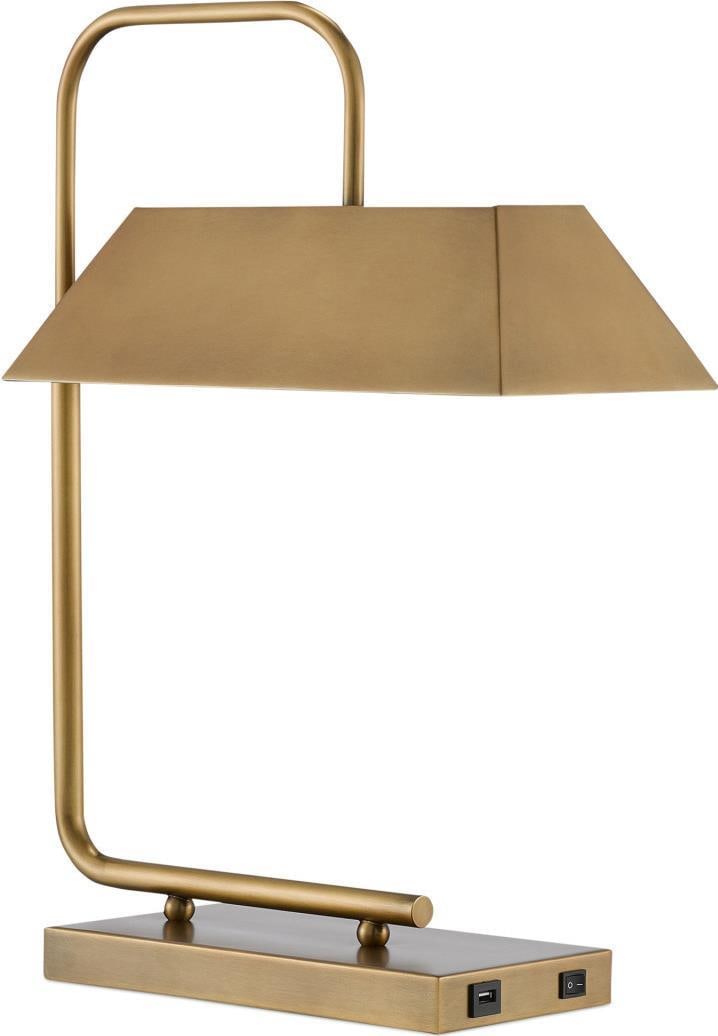 Currey Hoxton Brass Table Lamp with USB Port: Currey Hoxton Brass Table Lamp with USB Port Illuminate your space with the stylish Hoxton Table Lamp, designed to complement versatile interiors. This lamp features a vintage-inspired design with a b