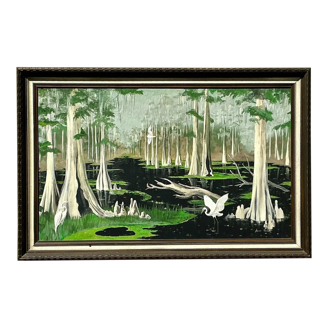 Vintage Boho Everglades Oil Painting on Canvas in Ornate Frame: Vintage Boho Everglades Oil Painting on Canvas in Ornate Frame Capture the serene beauty of nature with this stunning vintage oil painting of the iconic Everglades. This hand-painted masterpiece showc