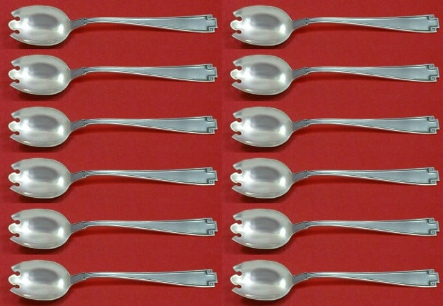 Gorham Etruscan Sterling Silver Ice Cream Forks Set of 12 Art Deco 6": Gorham Etruscan Sterling Silver Ice Cream Forks Set of 12 Art Deco 6" Elevate your dessert experience with this exquisite 12-piece set of Etruscan ice cream dessert forks by Gorham. Crafted from high-