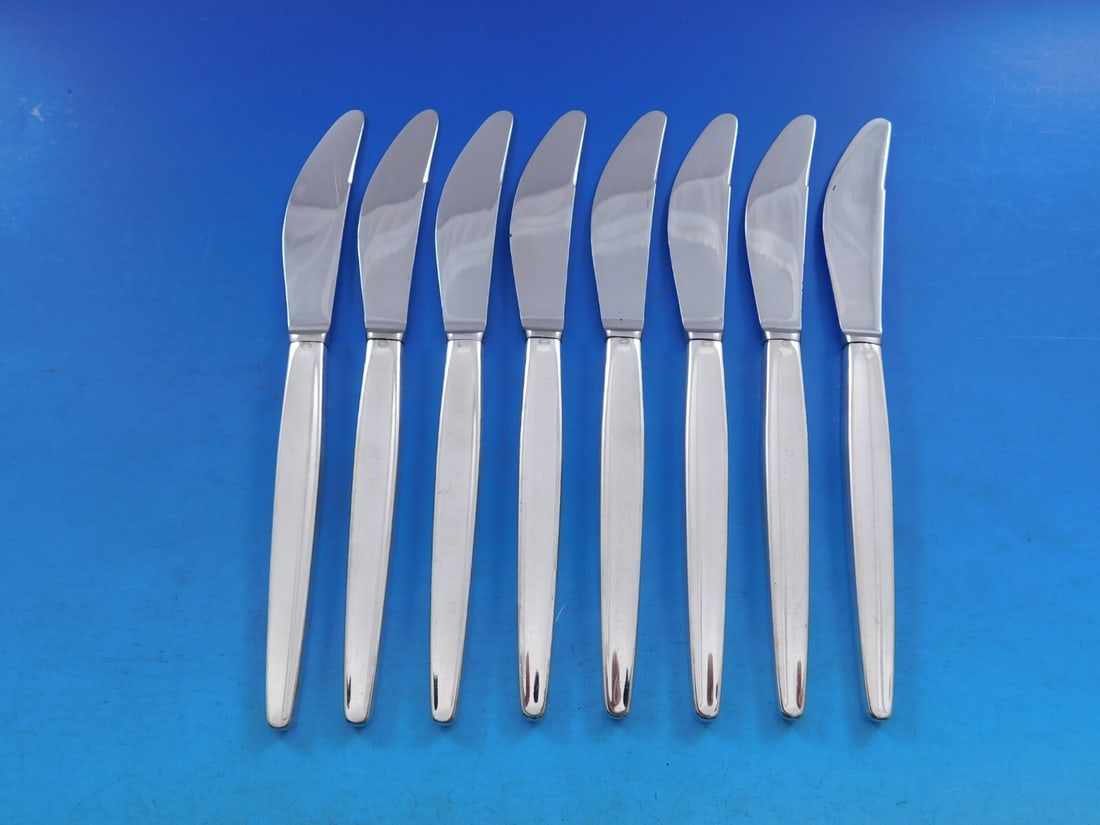 Georg Jensen Cypress Sterling Silver Butter Spreader Set 8pc Modern: Georg Jensen Cypress Sterling Silver Butter Spreader Set 8pc Modern This exquisite set features eight butter spreaders designed in the elegant Cypress pattern by Georg Jensen. Each spreader is crafted