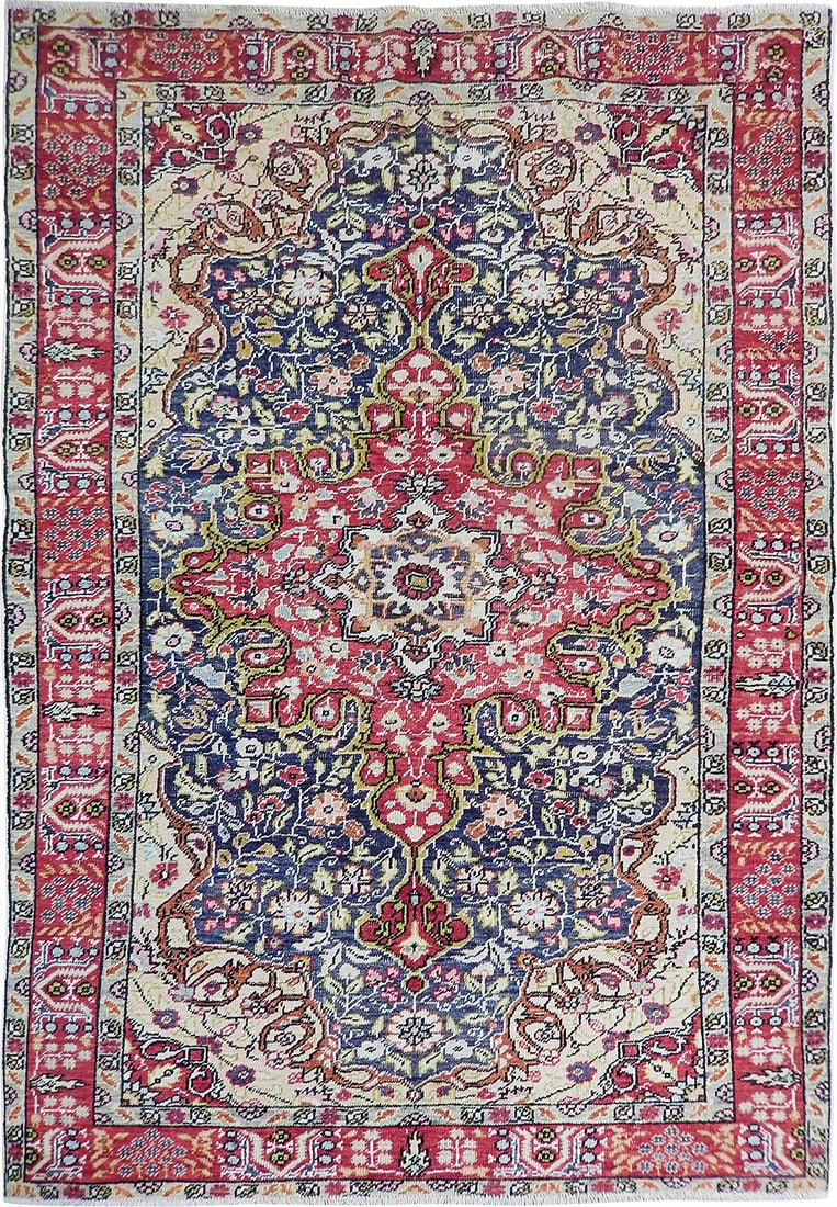 Handcrafted Semi-Antique Persian Tabriz Rug 4'4 x 6'8 Wool Eggplant Ivory Red: Handcrafted Semi-Antique Persian Tabriz Rug 4'4 x 6'8 Wool Eggplant Ivory Red Free continental US Shipping Discover the elegance of this semi-antique Persian Tabriz rug, handcrafted by skilled Persian