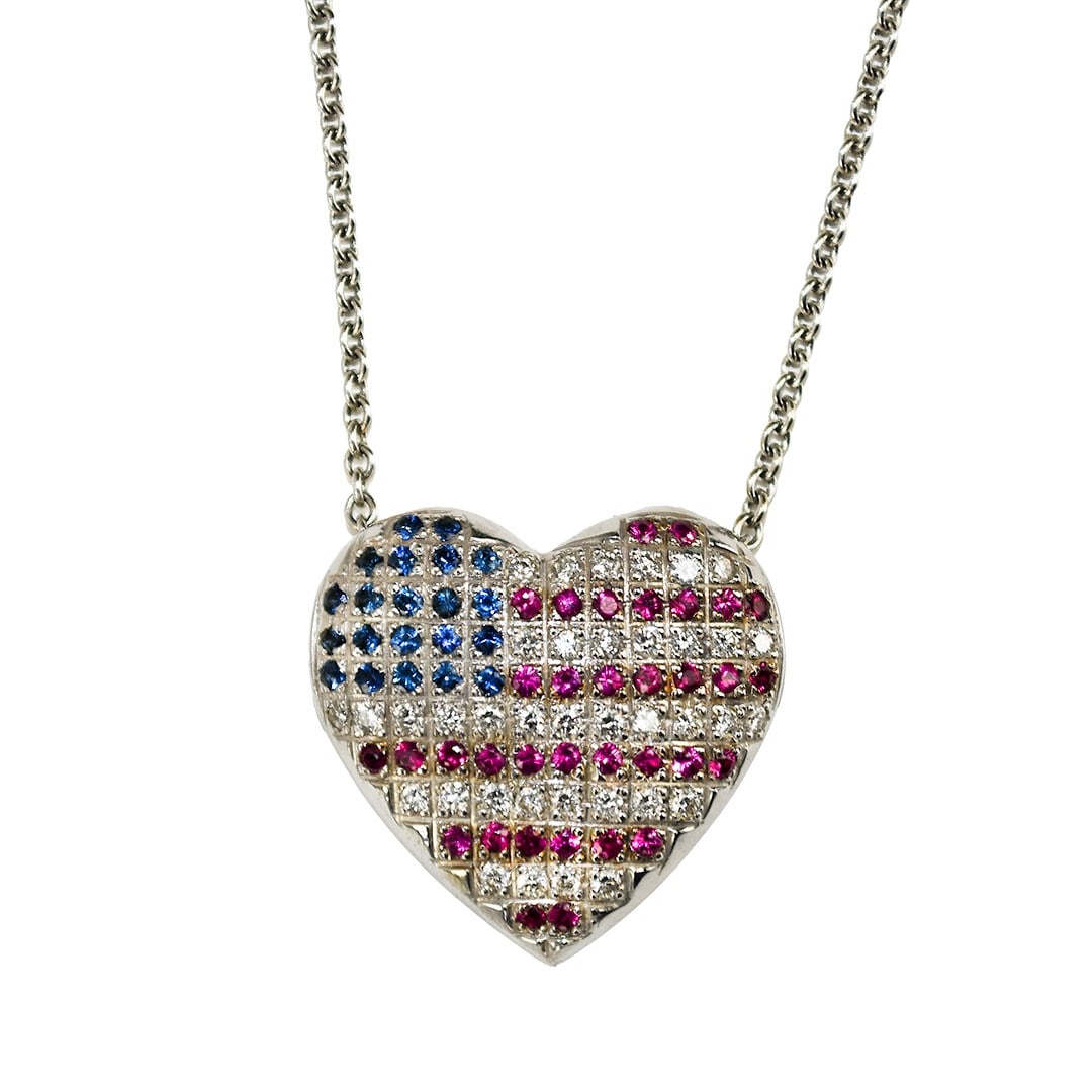 Heart Necklace with Diamonds Rubies Sapphires in 14k White Gold 14.6g: Heart Necklace with Diamonds Rubies Sapphires in 14k White Gold 14.6g This 14k white gold necklace features a heart-shaped pendant adorned with an American flag-inspired design set with diamonds, rubi