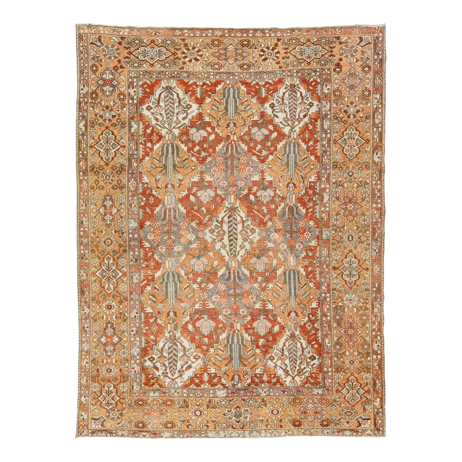Antique 1920s Persian Bakhtiari Wool Rug 9' x 12' Floral Orange: Antique 1920s Persian Bakhtiari Wool Rug 9' x 12' Floral Orange This exquisite antique Bakhtiari rug, hand-knotted in the 1920s, showcases a stunning floral motif in vibrant shades of orange, blue, an
